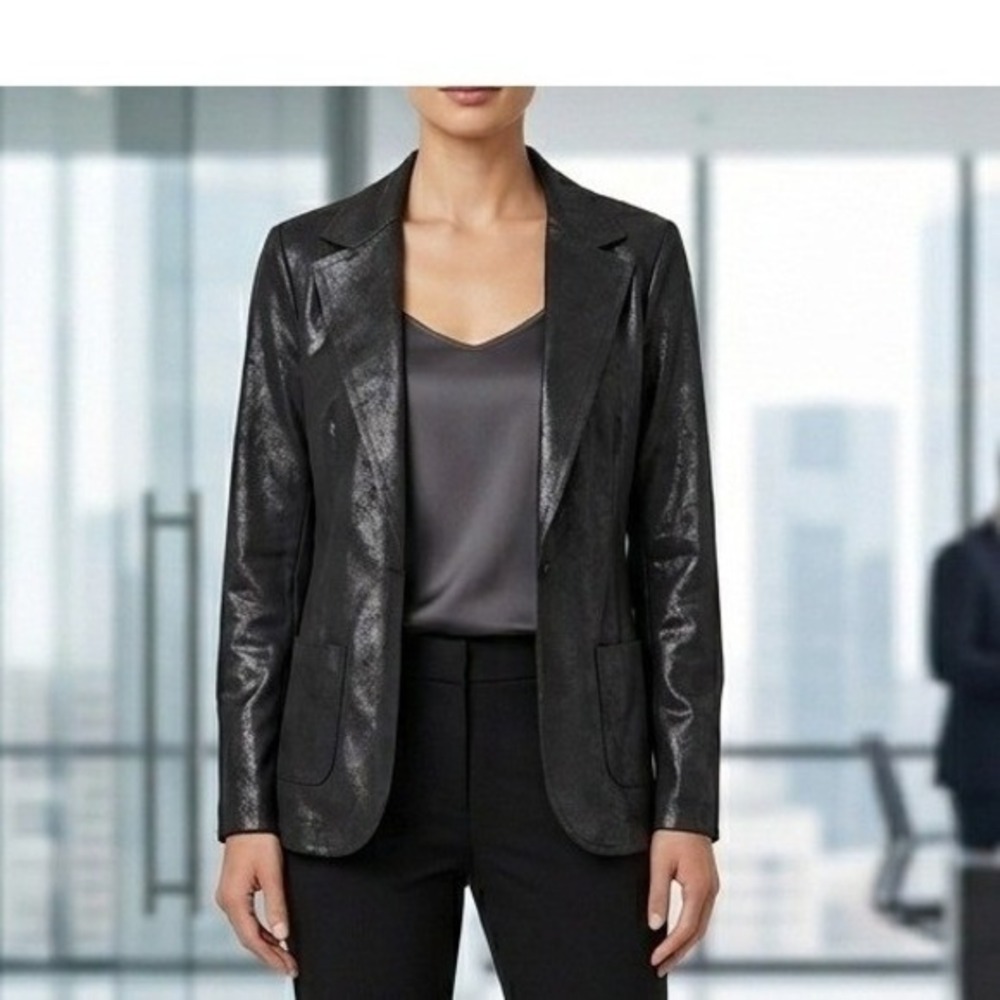 Suzy D London Opal Metallic Coated Blazer Jacket Black Nero Made in Italy NWT‎ M